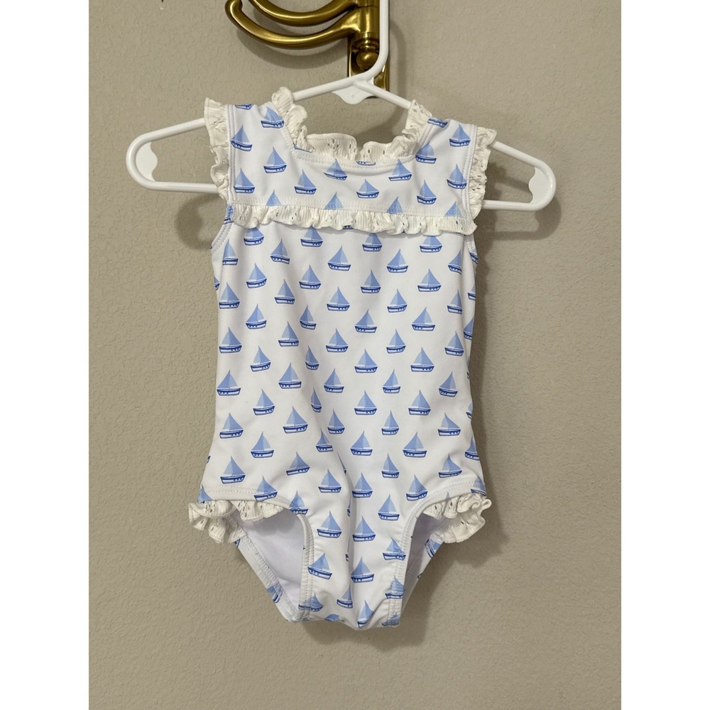 Edgehill Collection Sailboats & Lace Ruffles One Piece Swimsuit Baby Girl 9M Bow